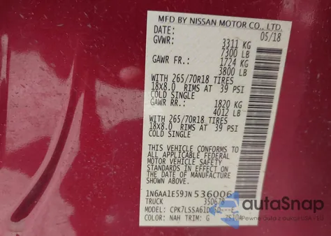 2018 Nissan Titan Sv из США, поврежденный, VIN 1N6AA1E59JN536006